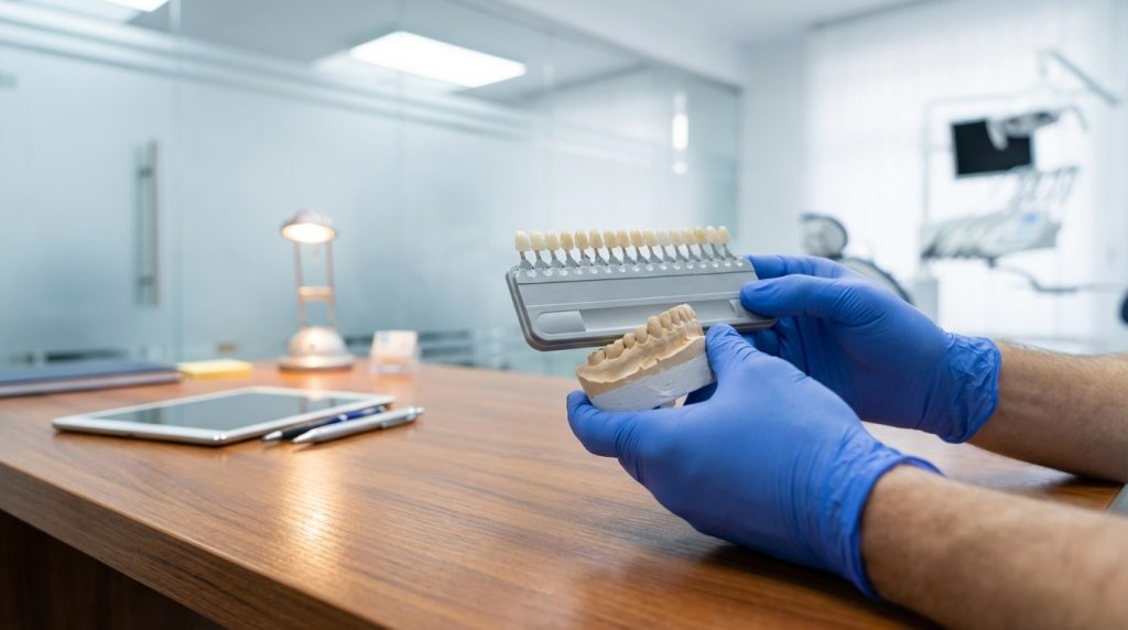 Cosmetic dentist hands holding dental model and shade guide