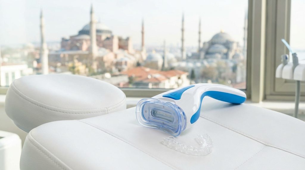 Professional teeth whitening device and tray with Istanbul skyline