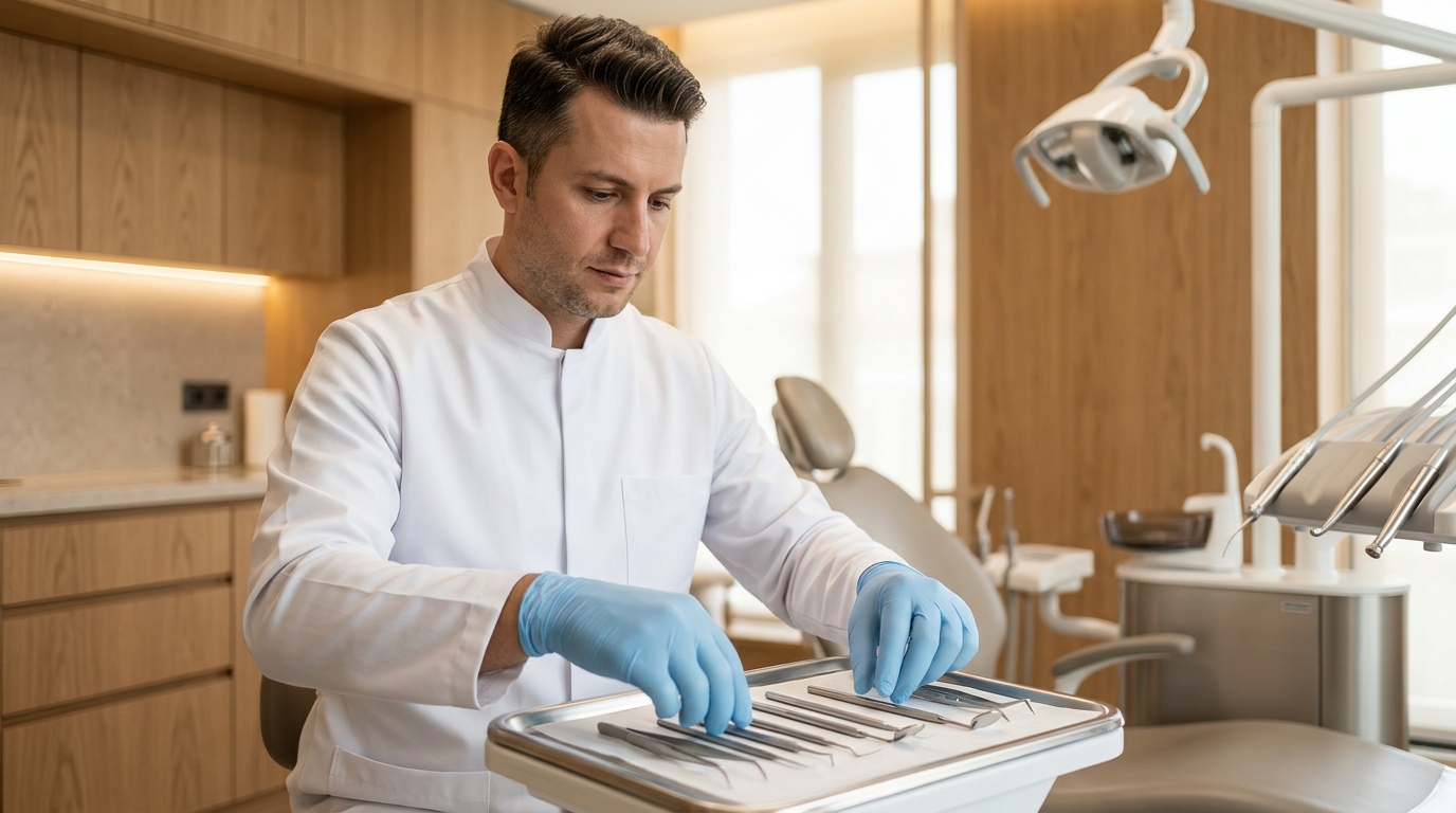 Diş kliniğinde işlem öncesinde aletlerin hazırlanması